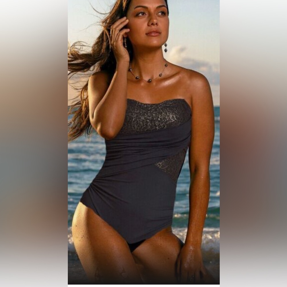 Spanx Swim Golden Hour Black&Gold Peekaboo Lace Bandeau One Piece Swim Suit🆕 - Picture 1 of 13